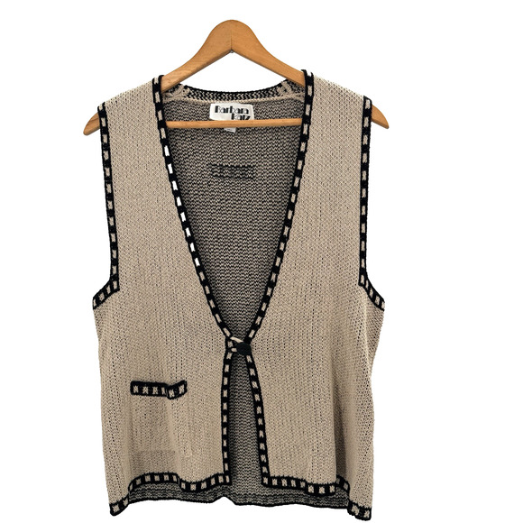 Barbara Katz Sweaters - Vintage 80s 90s Barbara Katz Beige Black Pocket Sweater Vest Womens Small